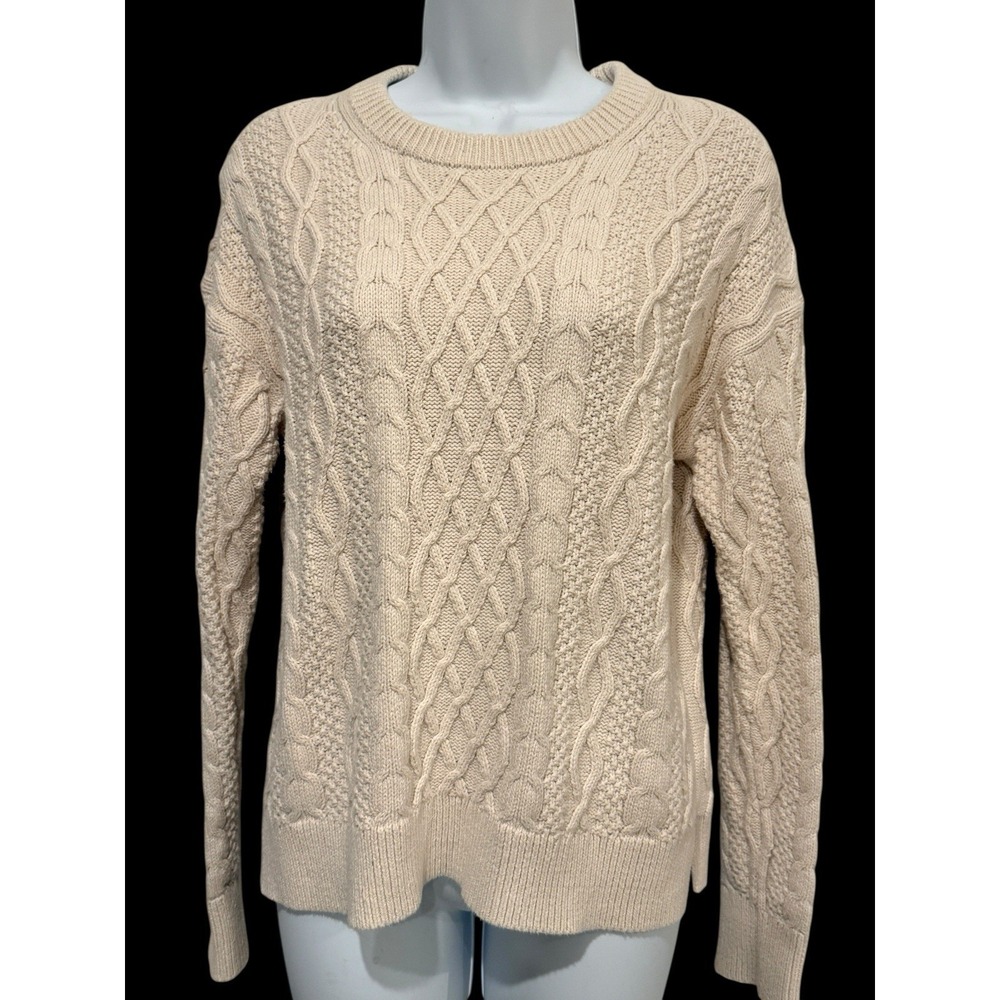 J.Crew Women Sweater M Cable Cream Fisherman Crewneck Classic Chunky Hiking‎